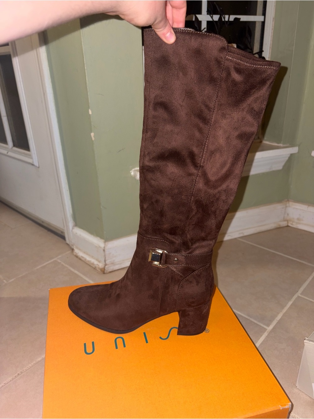 Unisa Brown Suede Knee-High Block Heel Boot